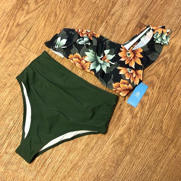 Cupshe Dark Green Floral One Shoulder Ruffle High Waisted Bikini Set Size Small - Picture 4 of 14